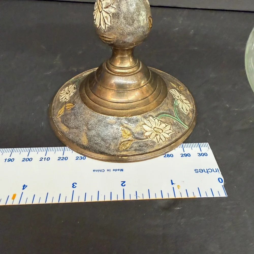 Vintage Brass Hurricane Candle Holder Etched Glass Chimney Enamel Floral 10.5